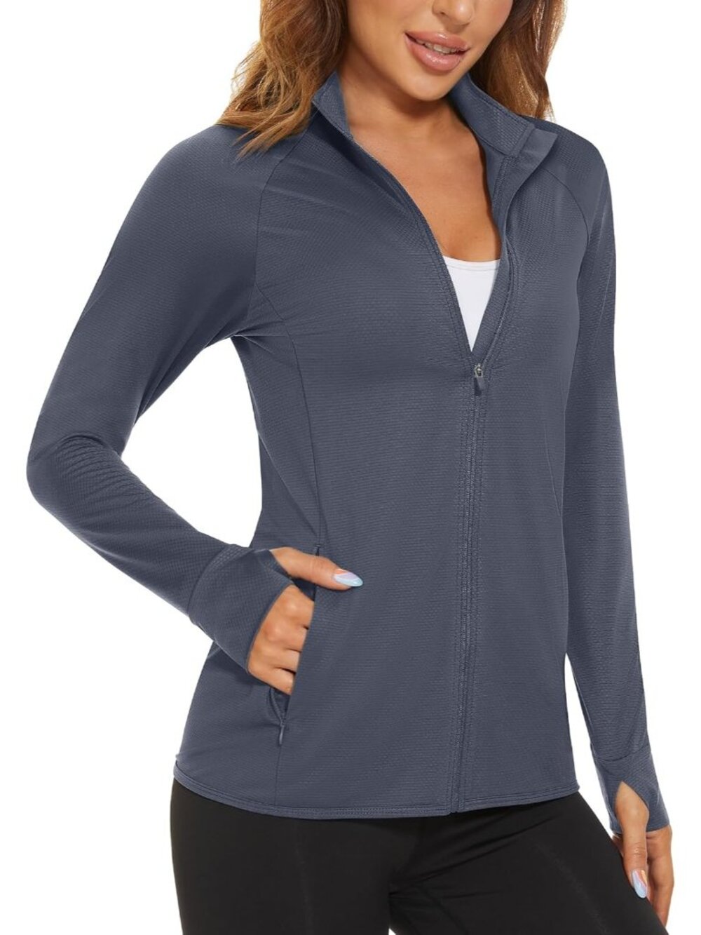 Women's Dark Grey Full-zip High Neck Side Pockets Long Sleeve Athletic Jacket